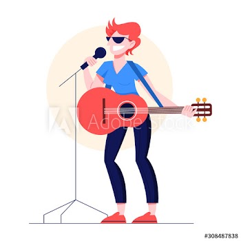 Vector illustration of guitarist playing music on the stage