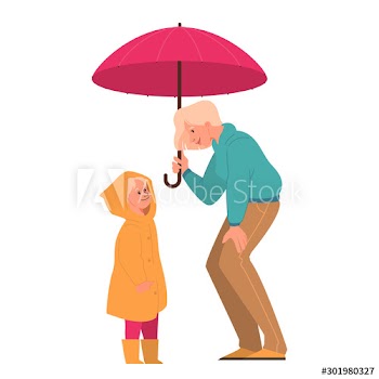 Vector illustration of happy mother and daughter standing under umbrella