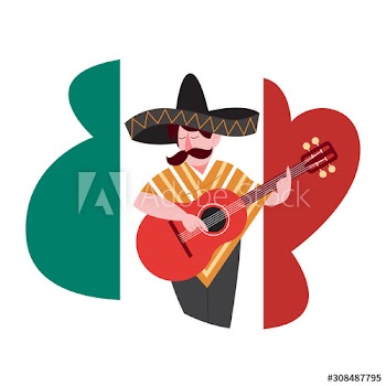 Vector illustration of Mexican man holding a guitar and wearing sombrero