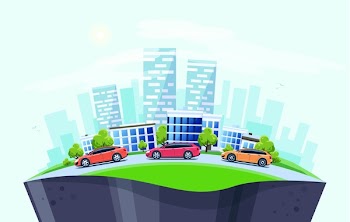 Vector illustration of modern cars parking along the town street in cartoon style arranged in arc. City skyscrapers building office skyline on blue background. Earth globe section underneath.