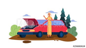 Vector illustration with broken car on a road