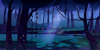 Vector landscape with swamp in night forest Free Vector