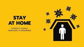 Vector of Shelter in Place or Stay at Home or Self Quarantine Yellow Background Sign with Virus. To Control Coronavirus or Covid-19 Spreading Infection by Government Policy. Free Vector