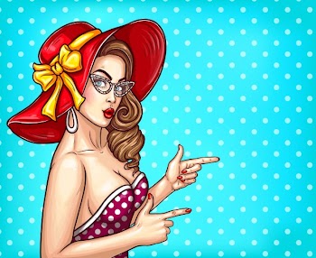 Vector pop art pin up illustration of a sexy girl in a luxurious hat and eyeglasses points to something Free Vector
