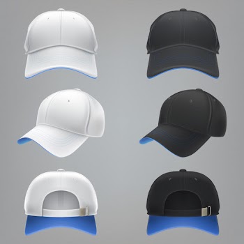 Vector realistic illustration of a white and black textile baseball cap front, back and side view Free Vector