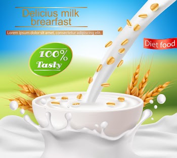 Vector realistic poster with a milk splash and milk pouring into a cup with a cereal breakfast Free Vector