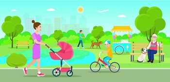 Vector summertime flat illustration. People in the park.