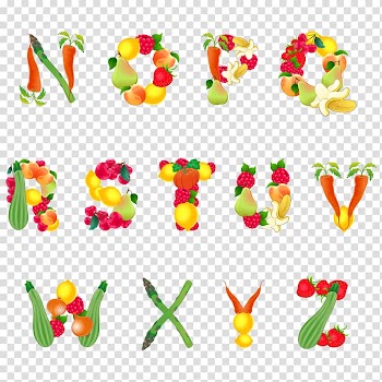 Vegetables-themed alphabet illustration, Fruit Vegetable Alphabet Letter, alphabet with fruits and vegetables transparent background PNG clipart
