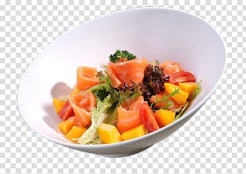 Vegetarian cuisine European cuisine Smoked salmon Salad Food, Mango salmon salad on the plate transparent background PNG clipart
