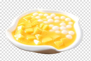 Vegetarian cuisine Tong sui, White porcelain bowl mango dumplings in syrup transparent background PNG clipart