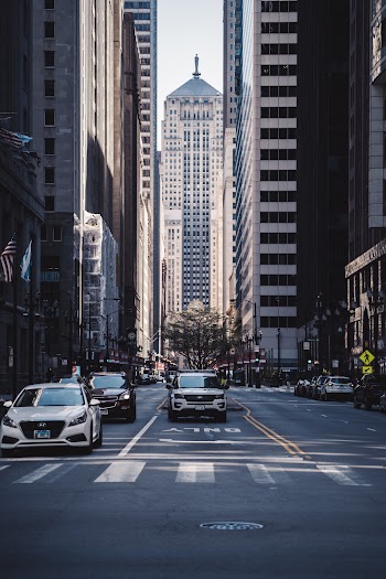 Vehicles on Road Near Buildings