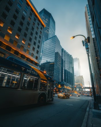 Vehicles On The Road Near High Rise Buildings