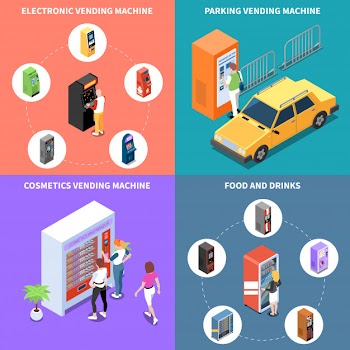 Vending machines with cosmetics food and drinks parking services isometric design concept isolated vector illustration Free Vector