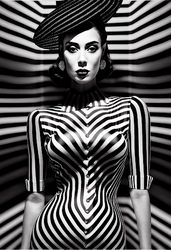 Vertical AI-generated illustration of a young female with stripes