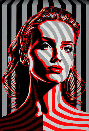 Vertical AI-generated illustration of a young female with stripes