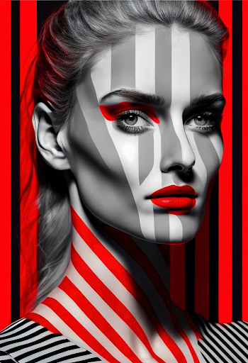 Vertical AI-generated illustration of a young female with stripes