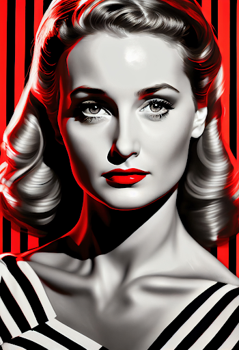 Vertical AI-generated illustration of a young female with stripes
