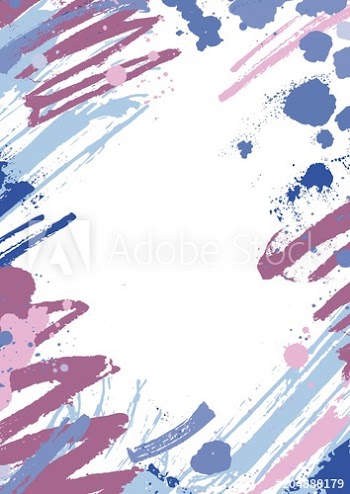 Vertical backdrop with colorful paint stains, blots and brush strokes on white background