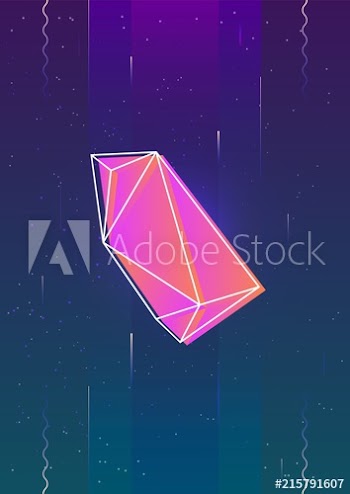Vertical backdrop with glowing bright colored flying faceted stone or crystal and its outline against outer space with stars on background