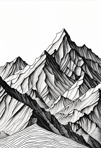 Vertical black and white graphic painting of a mountain range
