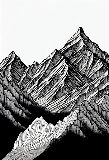 Vertical black and white graphic painting of a mountain range