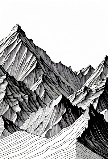 Vertical black and white graphic painting of a mountain range