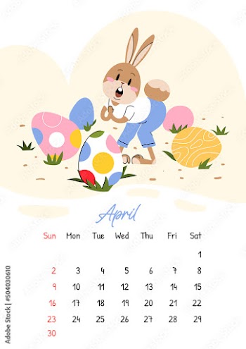 Vertical calendar for April 2023 with cute Easter rabbit with an egg. Vector illustration the year of the rabbit, symbol of 2023. Week starts on Sunday