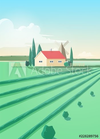 Vertical countryside landscape with agricultural building or house and plowed green field against windmill and sky with clouds on background