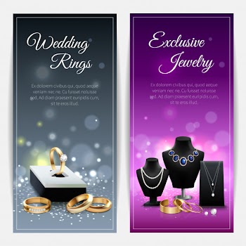 Vertical grey and purple realistic banners with wedding rings and exclusive jewelry Free Vector