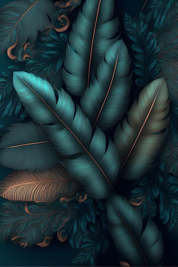 Vertical illustration with feathers in dark green and golden, can be used for wallpaper