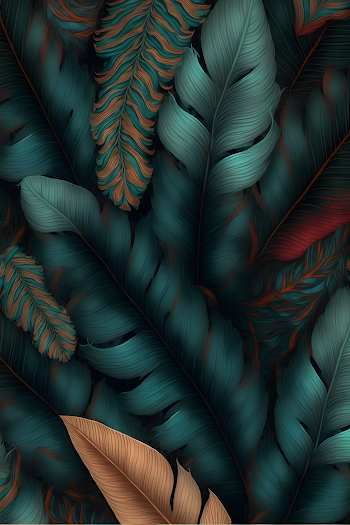 Vertical illustration with feathers in dark green and golden, can be used for wallpaper