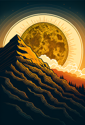 Vertical painting of a landscape with mountain and sun in the background