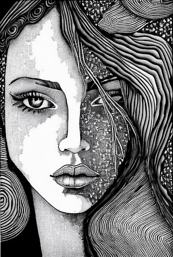 Vertical pen art of a mysterious woman face illustration