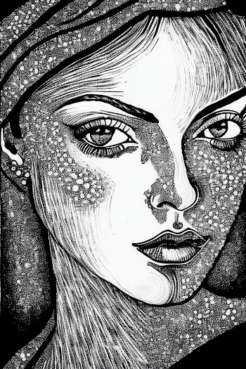 Vertical pen art of a mysterious woman's face illustration