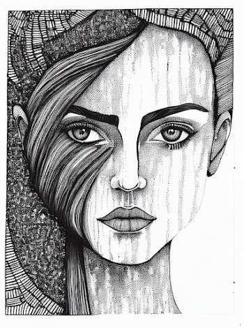 Vertical pen art of a mysterious woman's face illustration