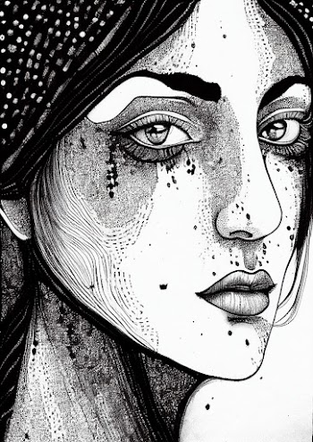 Vertical pen art of a mysterious woman's face illustration