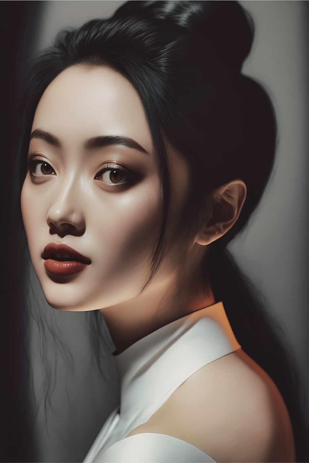 Vertical portrait shot of a young Asian woman generated by AI