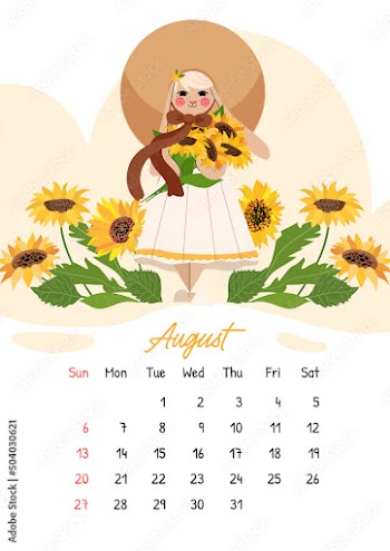 Vertical vector calendar for august 2023 with cute rabbit with sunflowers. The year of the rabbit, symbol of 2023. Week starts on Sunday