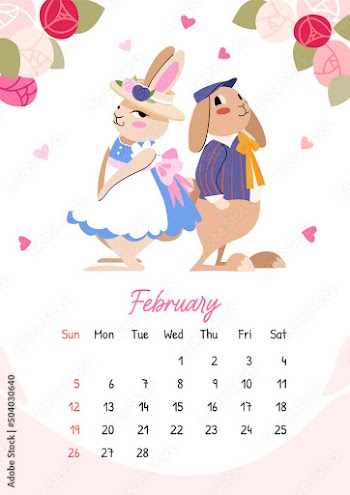Vertical vector calendar for February 2023 with rabbit couple. The year of the rabbit, symbol of 2023. Week starts on Sunday