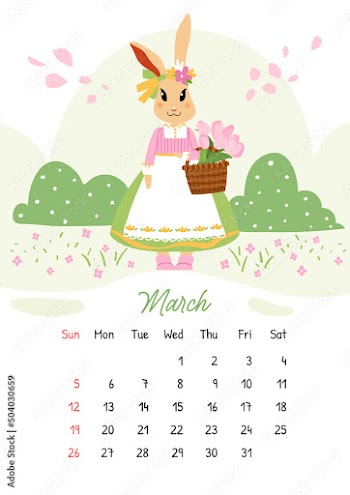 Vertical vector calendar for March 2023 with cute rabbit holding tulip bouquet. The year of the rabbit, symbol of 2023. Week starts on Sunday