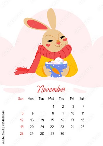 Vertical vector calendar for November 2023 with cute rabbit with cup of latte. The year of the rabbit, symbol of 2023. Week starts on Sunday