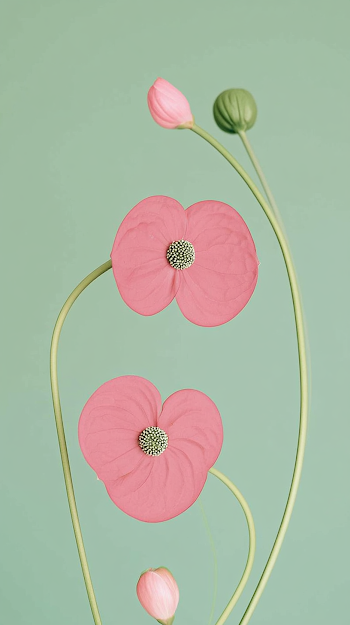 Vibrant Anthurium Flowers with Buds on Green Background