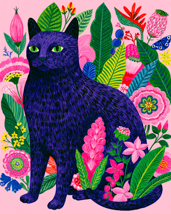 Vibrant Black Cat Among Floral Background