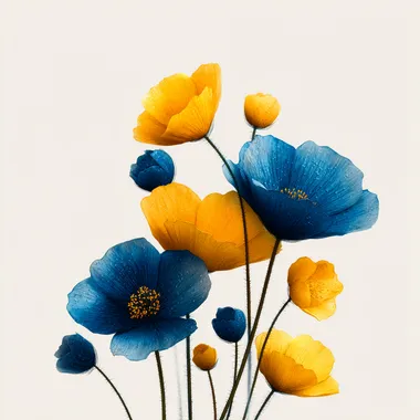 Vibrant Blue and Yellow Poppies on Transparent Background