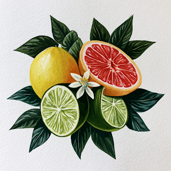 Vibrant Citrus Symmetry: Watercolor Illustration of Fruit Halves