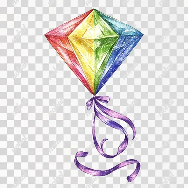 Vibrant Diamond Kite with Long Ribbon on White Background