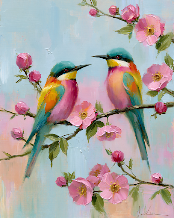 Vibrant Encounter: Birds on a Blooming Branch