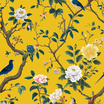 Vibrant Floral and Bird Pattern on Yellow Background
