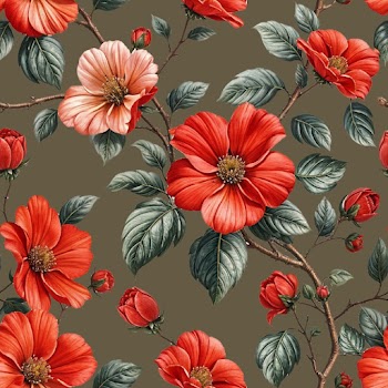 Vibrant Floral Pattern on Olive Background