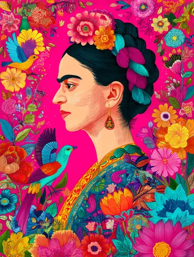 Vibrant Floral Portrait of a Woman in the Style of Frida Kahlo Vibrant Floral Portrait of a Woman in the Style of Frida Kahlo